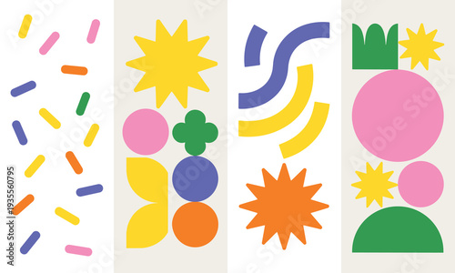 A vibrant, joyful abstract pattern featuring diverse colorful shapes playfully arranged on a bright, clean background, evoking energetic modern creativity.