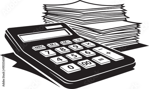 Calculator and stack of papers for financial planning and organization