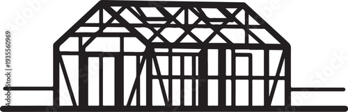 Simple house frame structure illustration in black and white