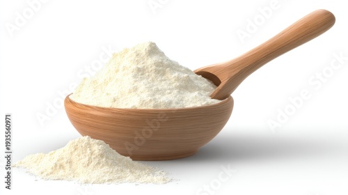 Creamy white powder in a wooden bowl with a scoop