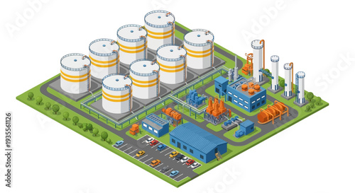 Isometric view of an industrial complex with storage tanks and machinery on a green landscape