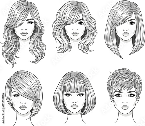 women hairstyles collection, female hair styles set, short long haircut, fashion beauty portrait, salon hairstyle ideas, vector illustration