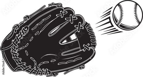 Black baseball glove catching a fast moving baseball illustration