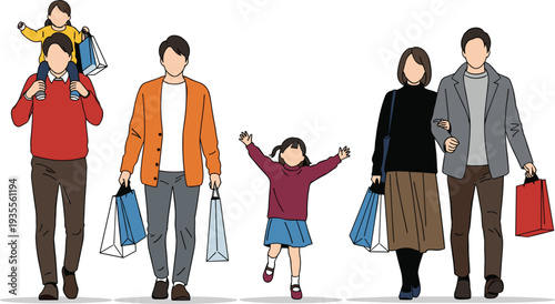 Flat vector illustration of a happy group of people and families walking with shopping bags, consumerism and lifestyle concept