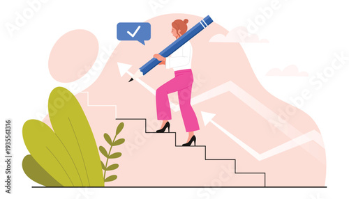 Business career growth, professional success. Tiny woman drawing sketch of next career step with pencil to climb ladder, employee walking stairway to goal challenge cartoon vector illustration