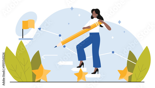 Business career growth, professional way and goals. Tiny woman drawing next step with pencil to grow staircase and climb forward with effort, manager walking uphill cartoon vector illustration