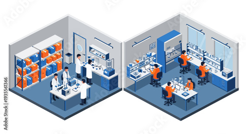Isometric illustration of a busy office with workers and storage rooms
