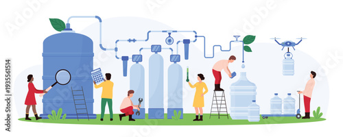 Industrial water purification plant with reverse osmosis technology. Tiny people pour clean water into plastic gallons after treatment stages in RO filters for delivery cartoon vector illustration