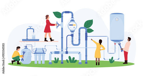 Installation of domestic water supply system. Tiny people install and repair connection of water purification filters and pipes, boiler for heating, check valves and meter cartoon vector illustration