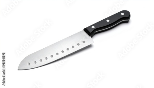 Sharp Chefs Knife with Black Handle on White Background.