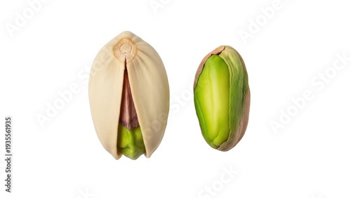 Isolated pistachio nuts, healthy snack and ingredient, fresh vegetarian food, open and closed
