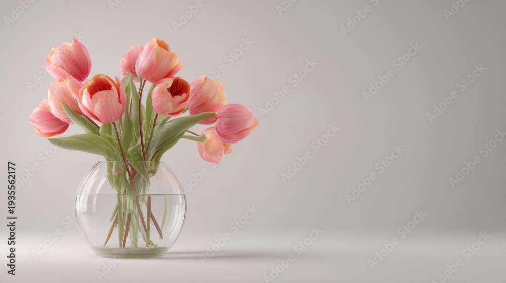 Fototapeta premium Peach tulips in a clear glass bowl against a light grey background