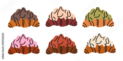 Collection of hand drawn French croissants with various sweet toppings and fillings. Vector flat illustration of flaky pastry for coffee shop decor, bakery labels, stickers