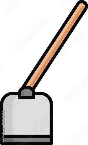 Professional vector illustration of a traditional garden hoe with a wooden handle. Essential farming and landscaping tool for soil cultivation and gardening.