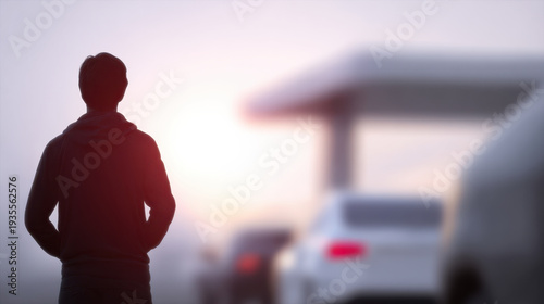 Person stands near gas station at sunset with cars waiting in line reflecting on oil price changes and daily life