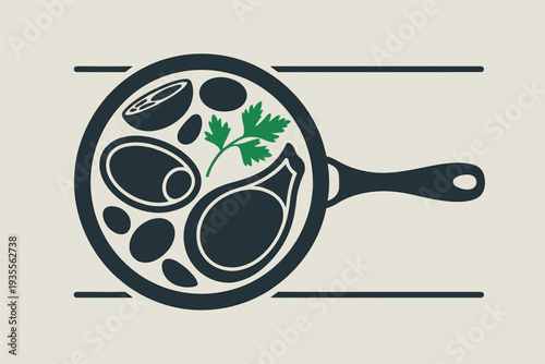 Delicious food cooking in a pan with fresh herbs