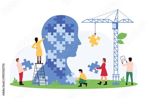 Vector illustration depicting people assembling a human head puzzle, symbolizing collaboration, problem-solving, and mental health. Ideal for teamwork and psychological topics.