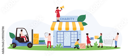 Vector illustration of a charity center with volunteers engaging in various activities, emphasizing community service, support, and humanitarian efforts. Perfect for nonprofit and volunteering themes.