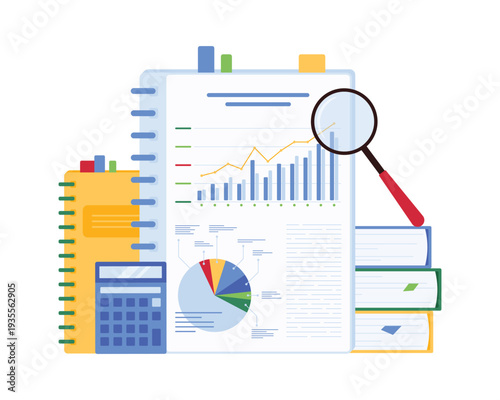 Vector image depicting financial audit, emphasizing data analysis and reporting. Ideal for finance and business themes.