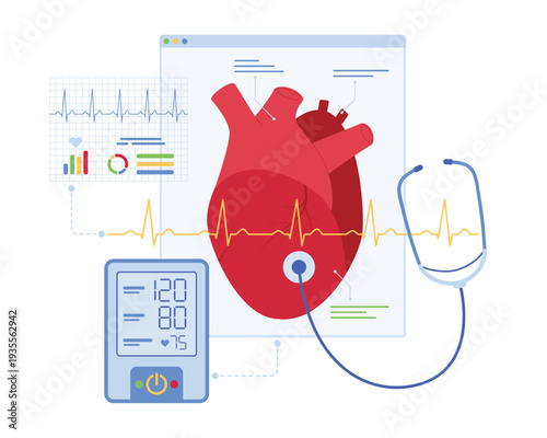 Vector image depicting cardiology monitoring, emphasizing heart health and diagnostic tools. Perfect for medical and healthcare themes.