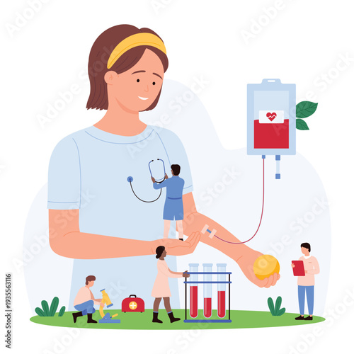 Vector illustration of tiny people involved in blood donation process, focusing on healthcare, medical assistance, and the importance of blood donation.