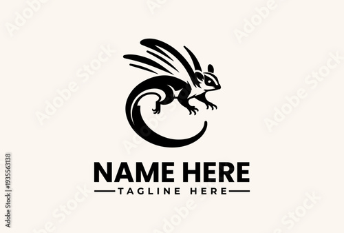 A black and white illustration of a lizard-like creature forming a circular logo with a placeholder text for a name and tagline on a beige background.