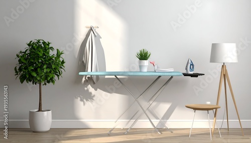 Laundry scene iron, ironing board, coat, lamp, plant, chair, and a bright white wall