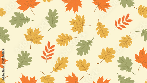Warm autumn leaf pattern featuring various types of colorful fall foliage like maple and oak leaves in orange, yellow, and green colors.