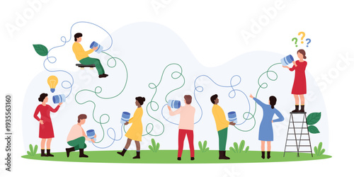 Vector illustration of tiny people using bush telegraph for communication, emphasizing traditional methods, creativity, and teamwork in relaying messages.