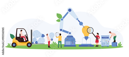 Vector illustration of tiny people collaborating to develop innovative ideas using robotic arms, light bulbs, and digital tools, emphasizing teamwork and creativity.