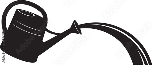 Black watering can pouring water in a curved motion