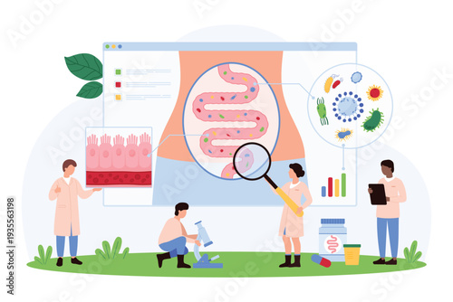 Analysis of bowel microflora, immunity and digestive tract health. Tiny people research microorganism and bacteria of gastrointestinal system with magnifying glass cartoon vector illustration