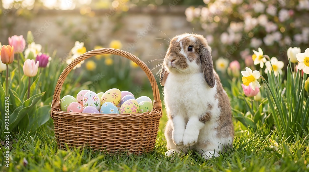 custom made wallpaper toronto digitalCute bunny sitting beside wicker basket filled with decorated eggs in spring garden