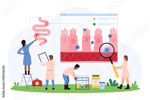 Diagnosis and treatment of leaky gut, disease of epithelium cells of digestive tract. Tiny people research bad intestinal barrier, permeability with magnifying glass cartoon vector illustration
