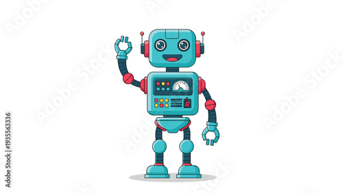 Cute blue humanoid robot character with large eyes waving its hand friendly, featuring a gauge and buttons on its chest in cartoon style.