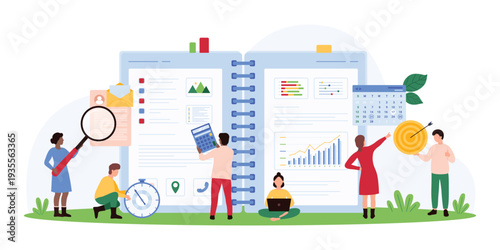 Vector illustration of tiny people planning and organizing with charts, calendars, and documents, symbolizing effective project management and coordination in business environments.