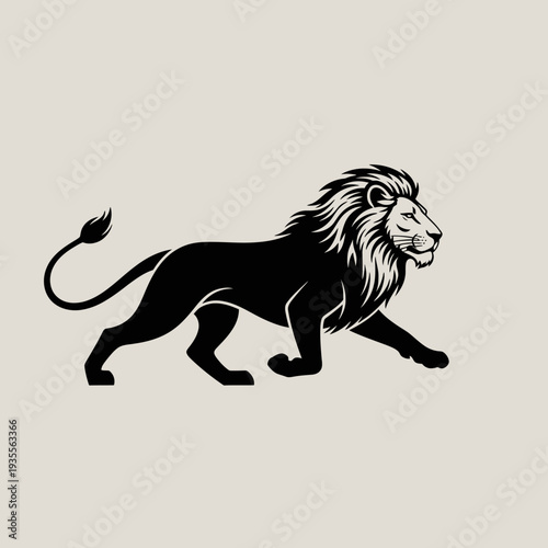 Black lion silhouette walking with majestic mane profile