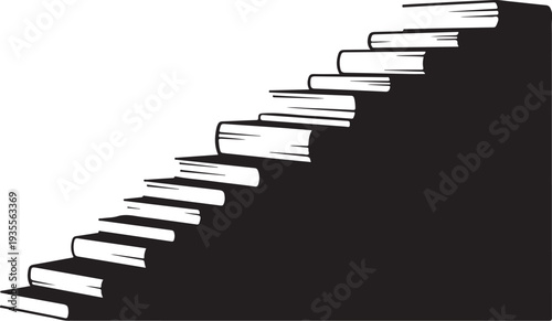 Staircase of books leading upwards in black and white