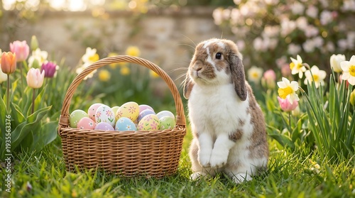Wallpaper Mural Cute bunny sitting beside wicker basket filled with decorated eggs in spring garden Torontodigital.ca