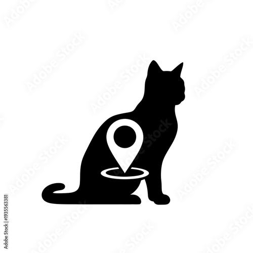 Black cat silhouette with location pin icon symbol