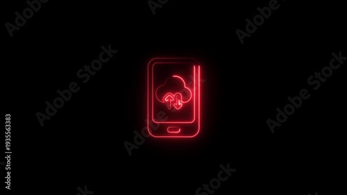 Neon Red Smartphone Cloud Download Upload on Black Background