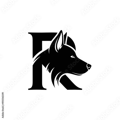 Black wolf head integrated with capital letter R logo