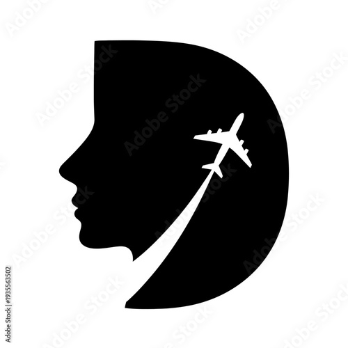 Minimalist human head profile with flying airplane concept