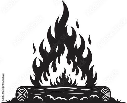 Black and white illustration of a burning log fire