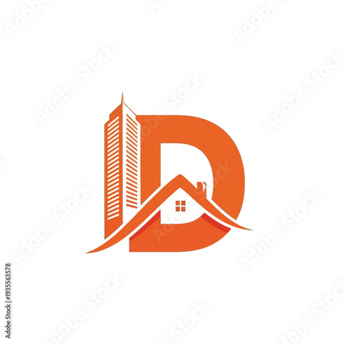 Orange letter D logo with skyscraper and house roof