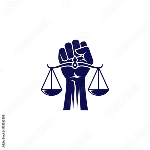 Raised fist holding scales of justice symbol