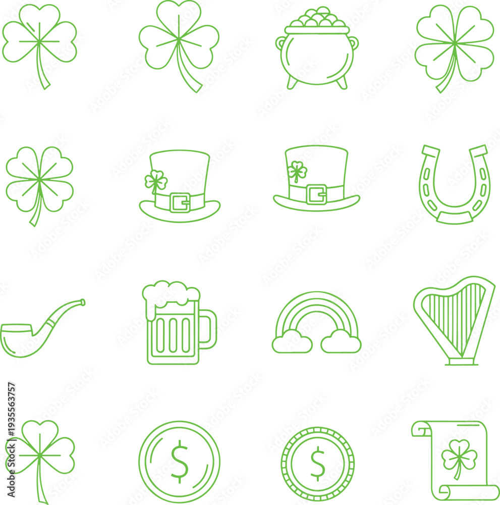 Fototapeta premium St Patricks Day icons set with shamrocks leprechaun hat pot of gold horseshoe pipe beer rainbow harp coins and scroll symbols of Irish luck and culture