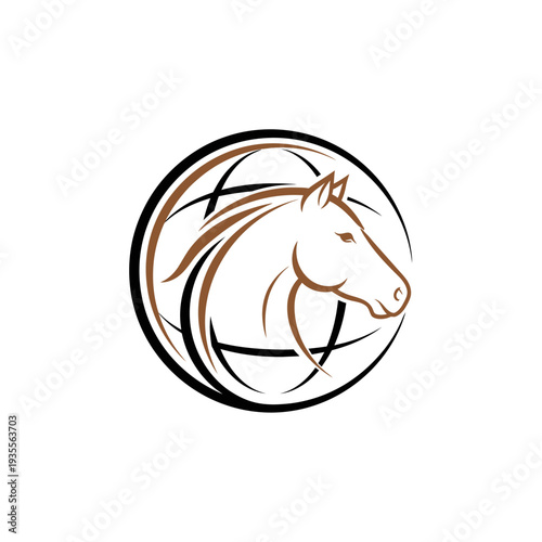 Stylized horse head in abstract circular globe logo design