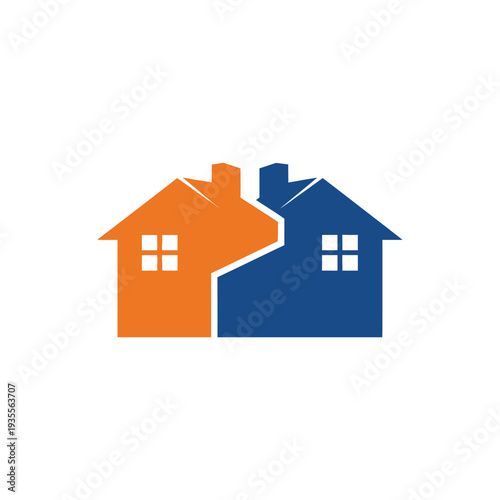 Stylized orange and blue houses joined in abstract design