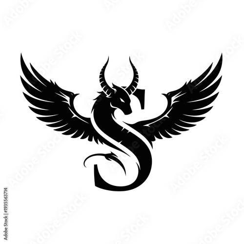 Stylized winged dragon with horns forming letter S logo